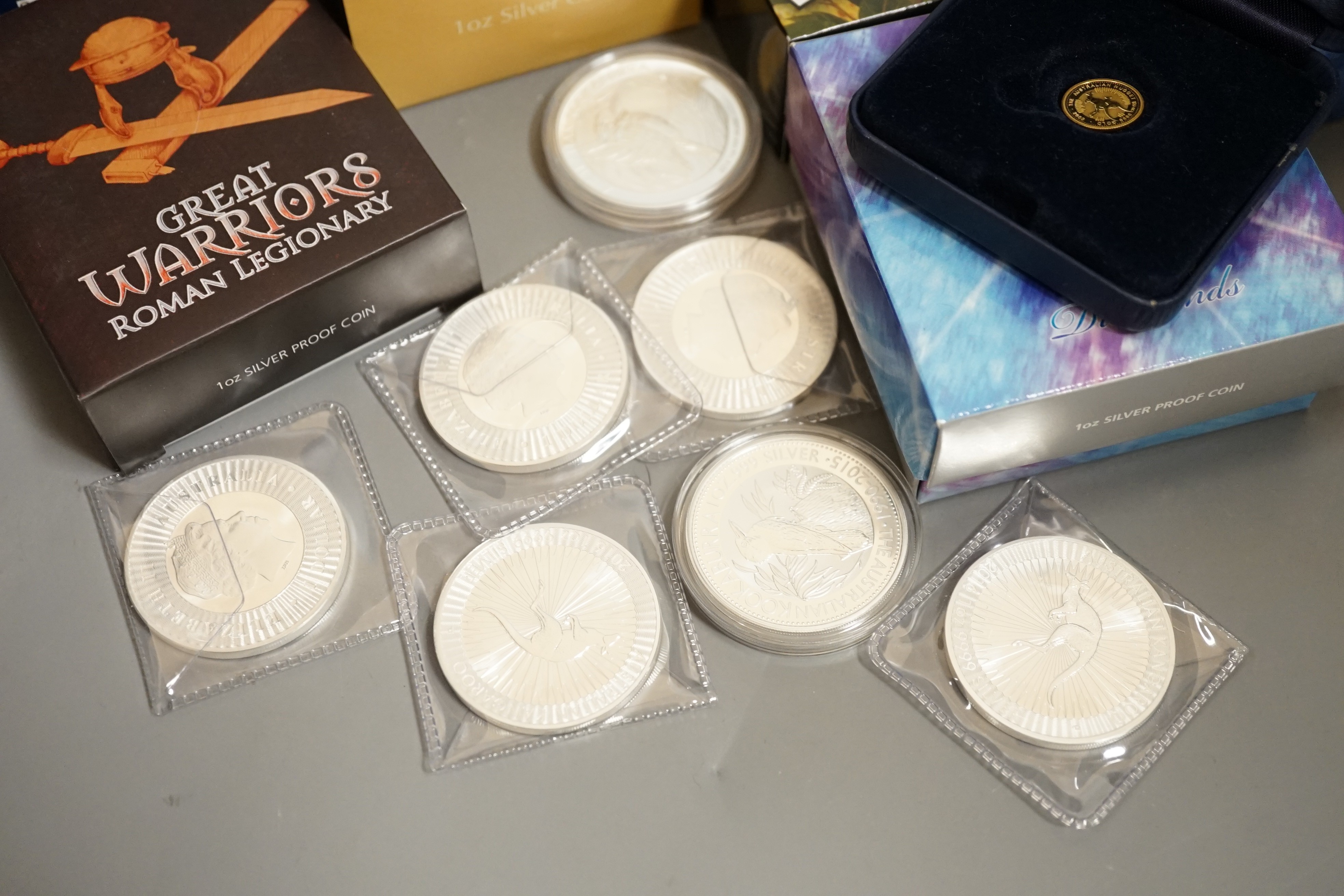 Eighteen Australia and Perth mint bullion silver 1oz. commemorative coins, some cased, BU